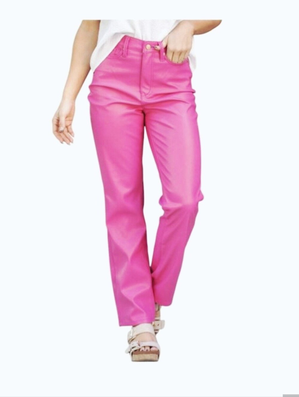 Judy Blue Hot Pink Faux Leather Tummy Control High Rise Straight Pants Size 16W
